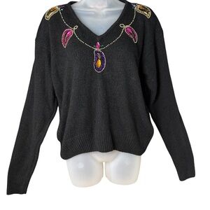 80s Bling Casino Grandma Sweater Black Beaded Jewel Button Silk Angora Medium